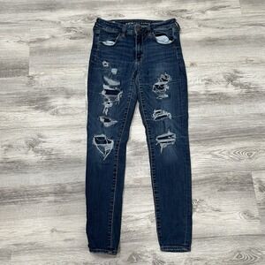 American Eagle Womens Jeggings Ripped Distressed Dark‎ Wash Denim Jeans Size 6